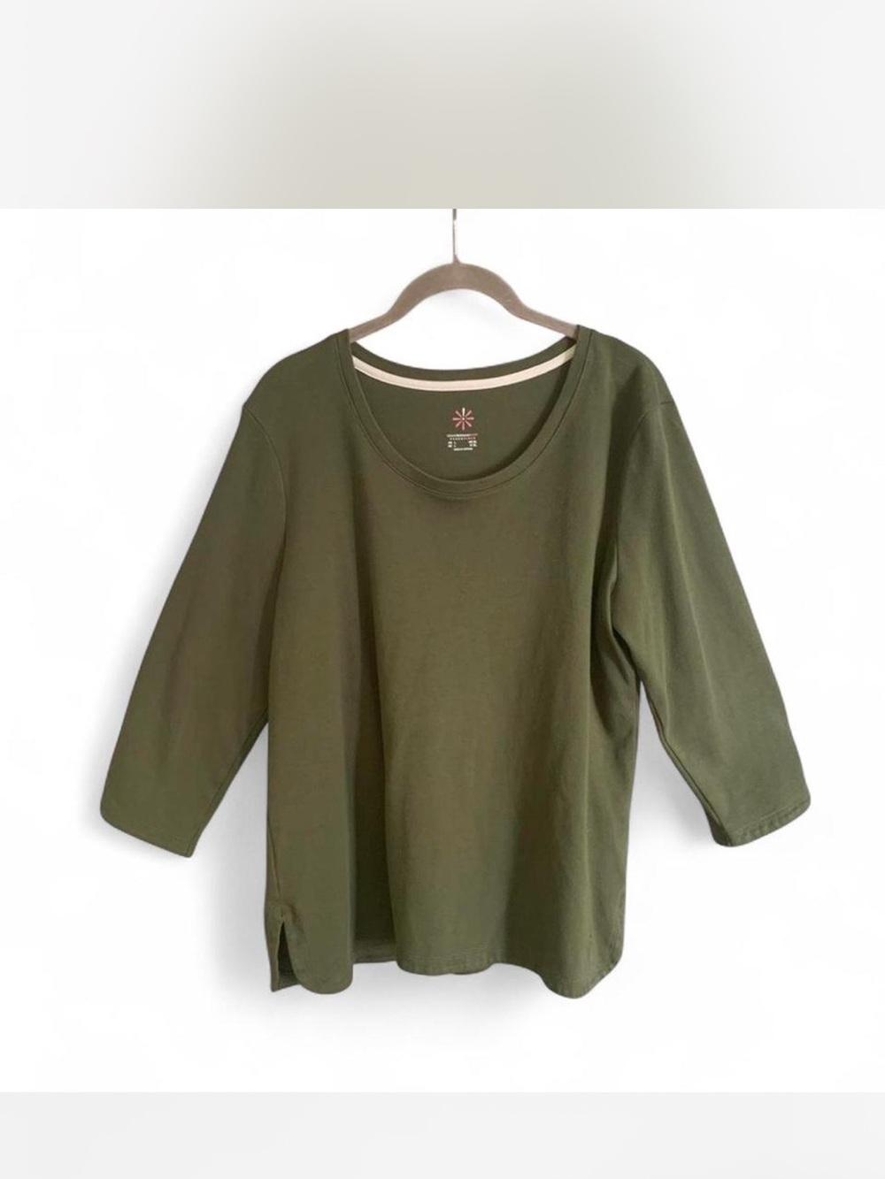 Casual Cottagecore Isaac Mizrahi Olive Green Scoop Neck 3/4 Sleeve Top size L